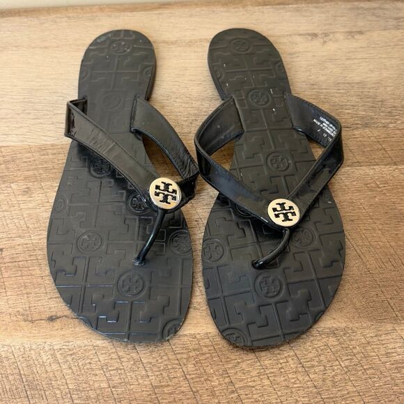 Tory Burch Black Leather Thora Sandals with silver Emblem, sz 11 women’s shoes - Picture 2 of 7